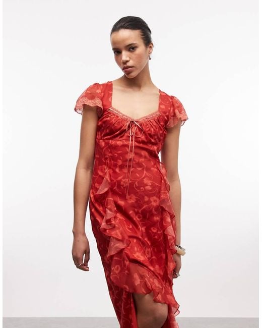 Reclaimed Vintage Red Maxi Dress With Godet Ruffles And Splits