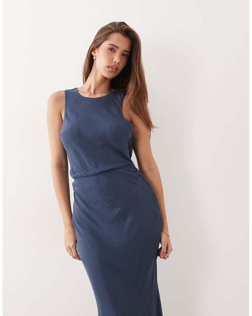 ASOS Blue Draped Open Back Trim Detail Linen Look Maxi Dress