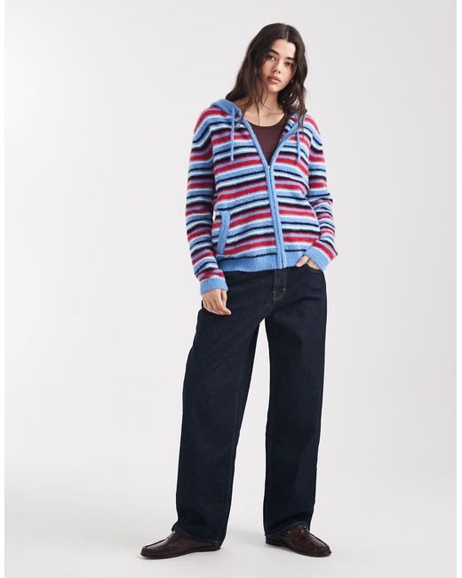 Daisy Street Blue Zip Up Fluffy Knit With Hood