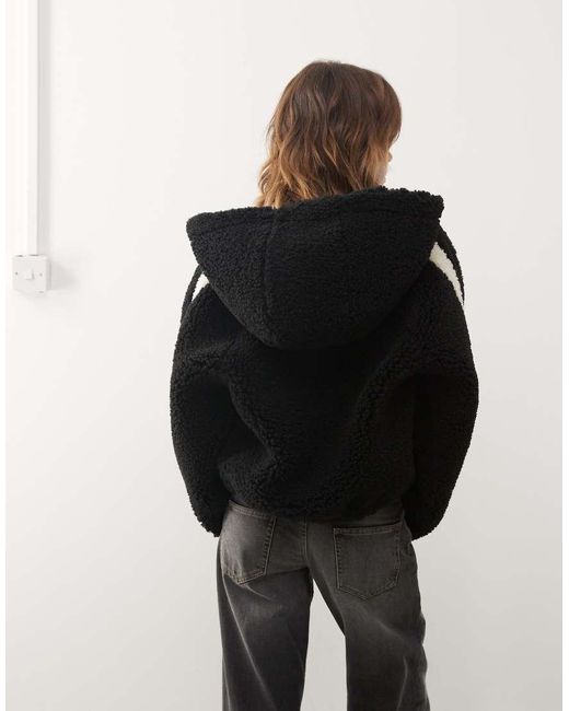 Monki Black Zip Through Teddy Hooded Jacket