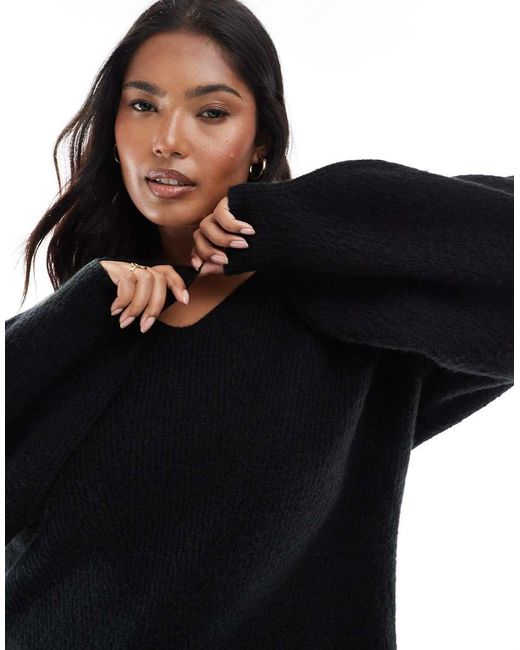 Threadbare Black Plus Fluffy V-neck Slouchy Sweater
