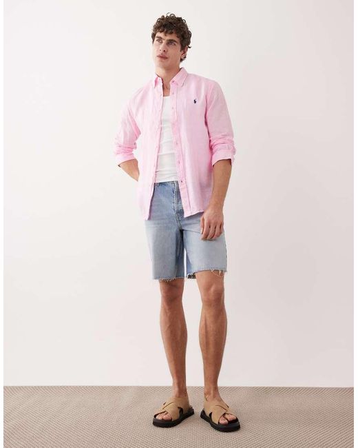 Polo Ralph Lauren Pink Icon Logo Long Sleeve Linen Shirt for men