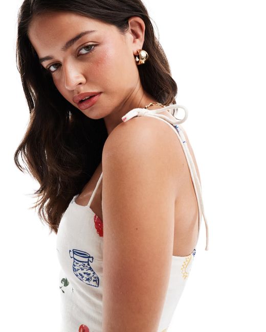 Abercrombie & Fitch White – oberteil aus leinenmischung mit "picknick"-print mit eckigem ausschnitt