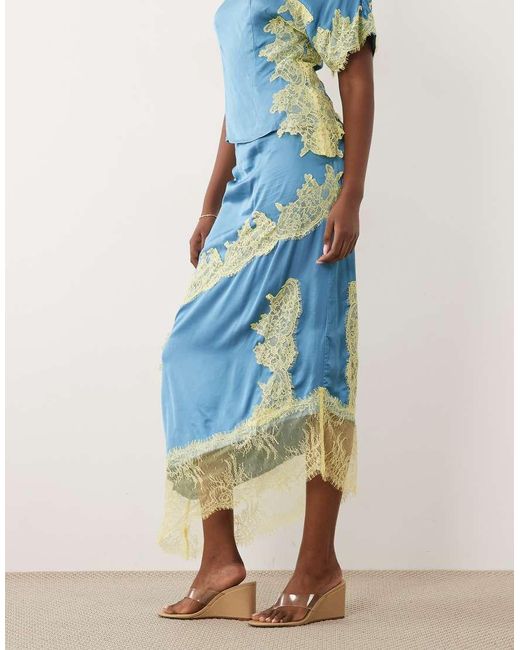 Never Fully Dressed Blue Millie Satin Lace Detail Maxi Skirt