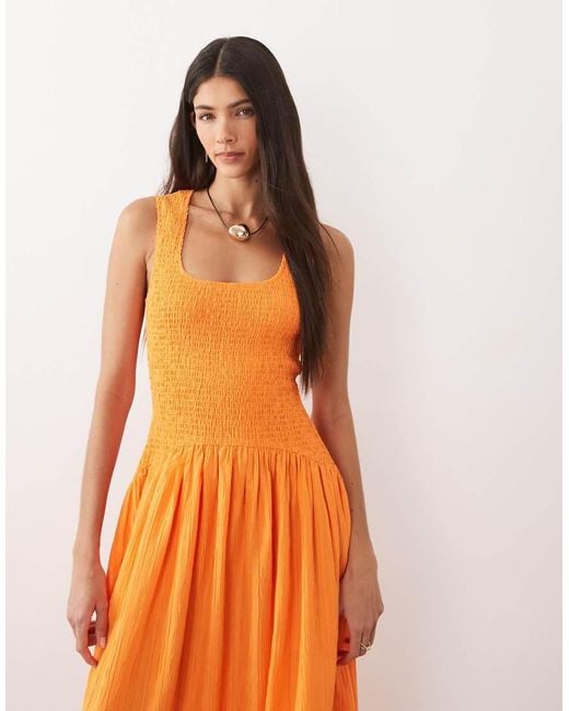 ASOS Orange Crinkle Scoop Neck Maxi Sundress With Shirred Waist