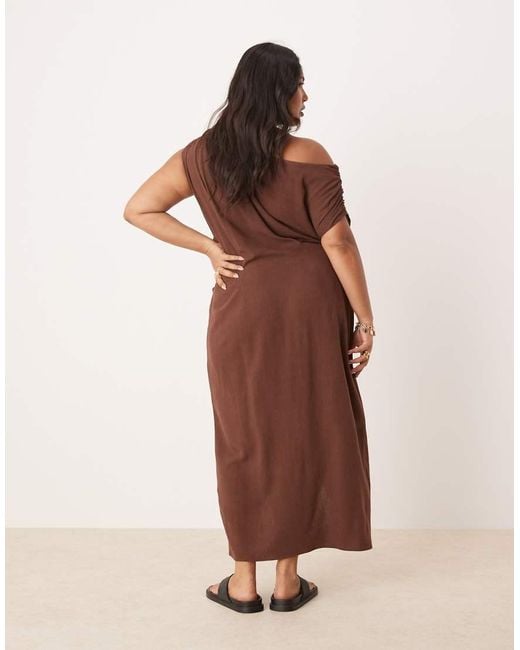 ASOS Asos Design Curve Linen Fallen Twist Shoulder Wrap Skirt Detail Midi  Dress in Brown | Lyst UK