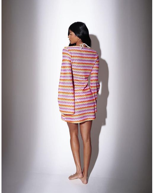 South Beach Red Chevron Crochet Mini Kaftan With Beaded Trim