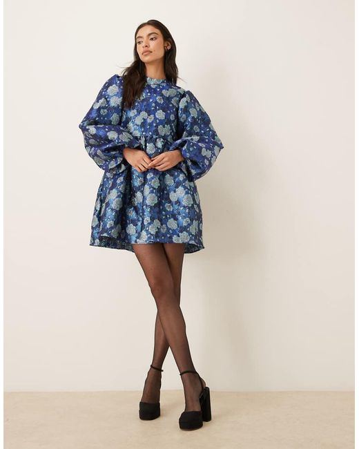 Sister Jane Blue Dream Spotlight Balloon Sleeve Floral Jacquard Mini Dress