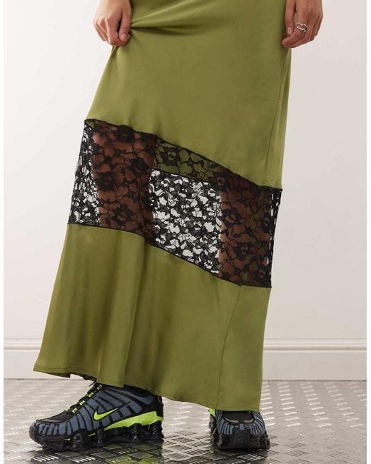 Reclaimed (vintage) Green Satin Midi Skirt With Lace Insert