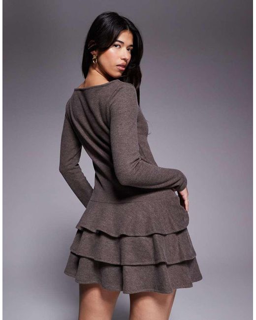 ASOS Gray Supersoft Long Sleeve Tiered Rara Skirt Mini Dress