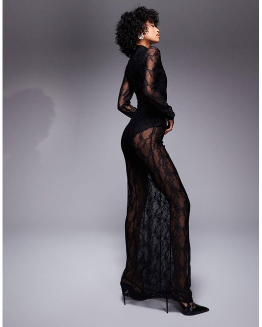 ASOS Blue Collar Detail Long Sleeve Sheer Lace Maxi Dress With Bodysuit
