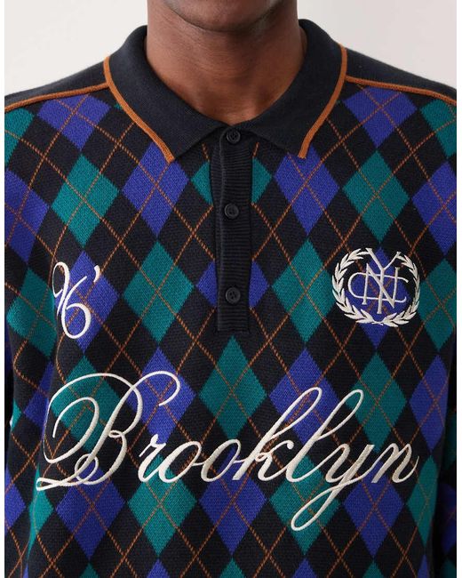 ASOS Blue Relaxed Knitted Argyle Print Polo With Brooklyn Embroidery for men