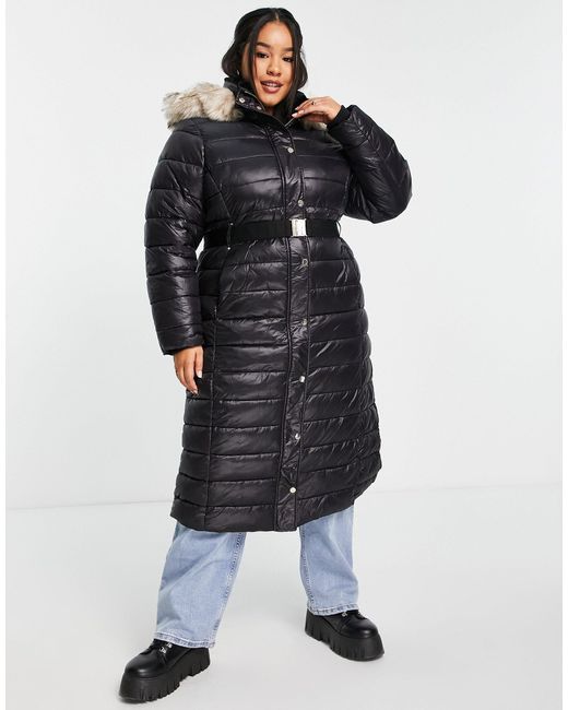 river island longline padded belted coat with faux fur hood in black