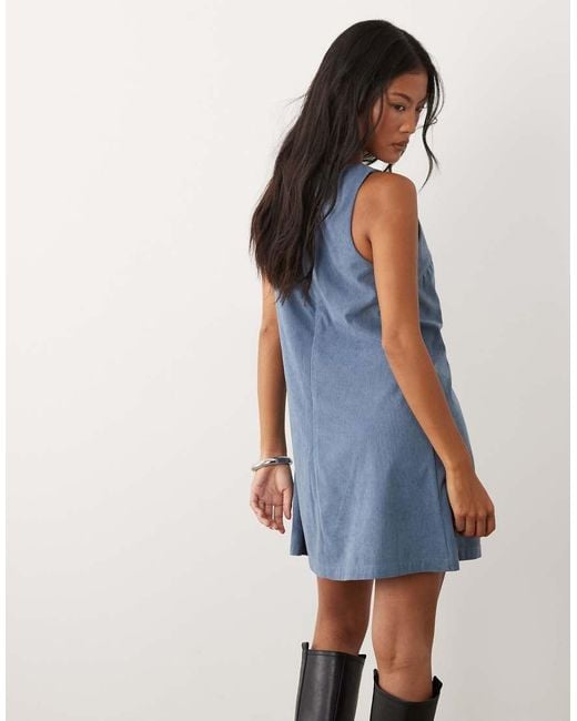 ASOS Blue Asos Design Petite Cord Slash Neck Keyhole Mini Dress
