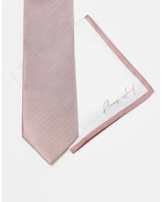River Island Pink Herringbone Tie And Pocket Square Set for men