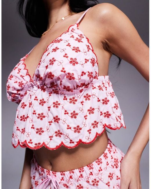 River Island Red Broderie Cami And Shorts Pyjama Set