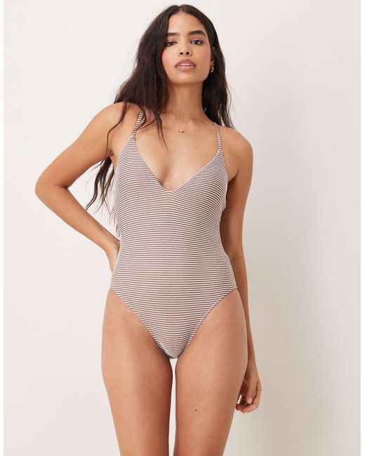 Free Society Brown Stripe Crinkle Plunge Swimsuit