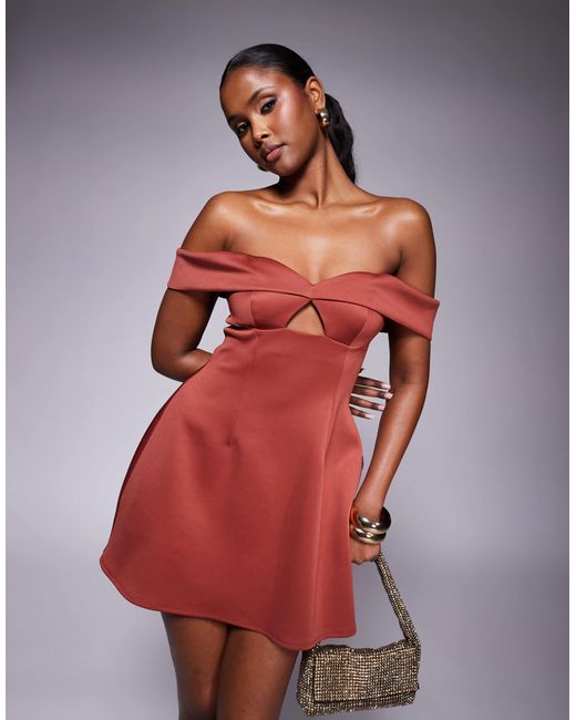 ASOS Red Scuba Sweetheart Bardot Mini Dress With Cut Out Detail