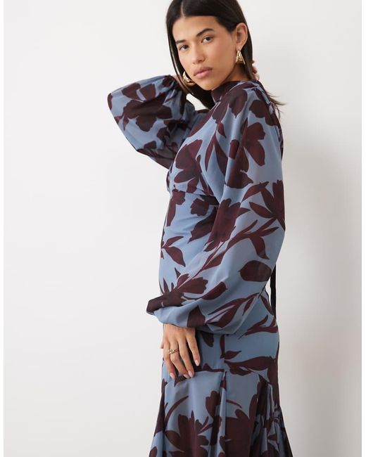 Pretty Lavish Blue Chiffon V Neck Scarf Detail Draped Batwing Sleeve Maxi Dress