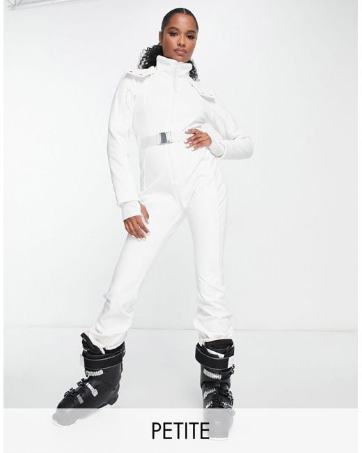ASOS 4505 Petite Ski Belted Ski Suit With Slim Kick Leg And Faux Fur Hood  in White