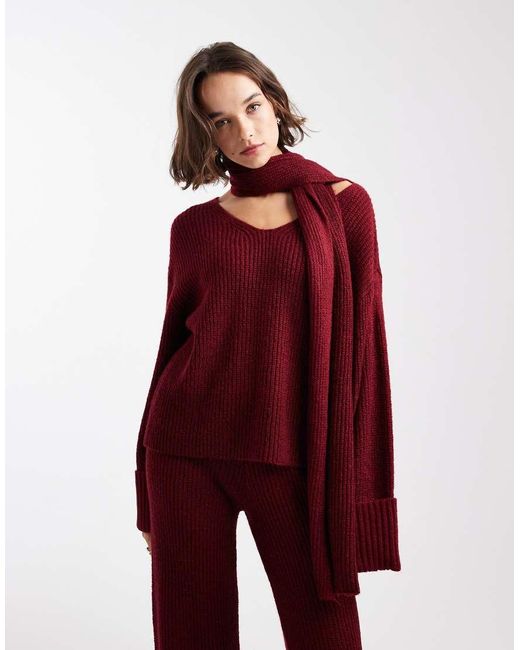 4th & Reckless Red Ribbed Knitted Deep Cuff V Neck Scarf Detail Jumper Co-ord
