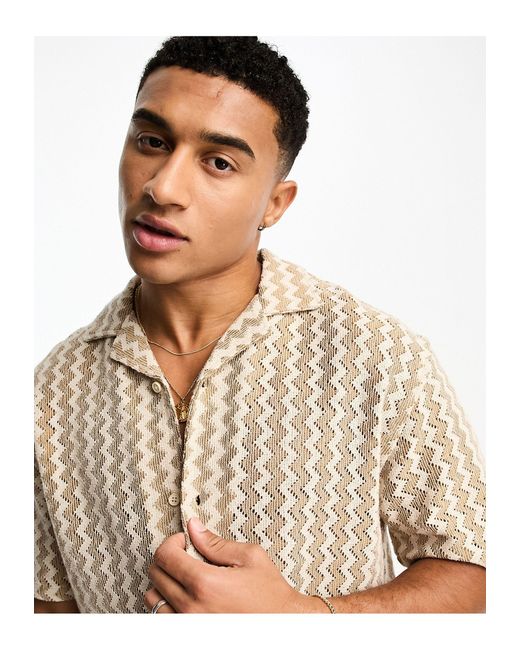 Pull&Bear Revere Collar Textured Stripe Shirt in White for Men | Lyst