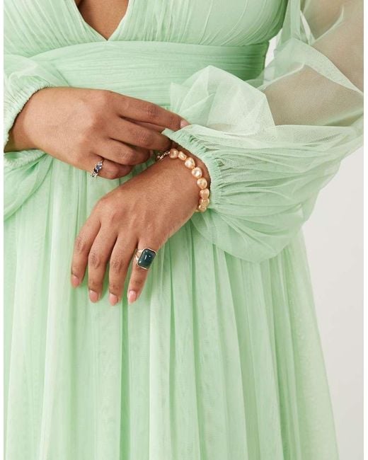 Lace & Beads Plus Green Bridesmaid Madison Smocked Plunge Neck Sheer Sleeve Maxi Dress