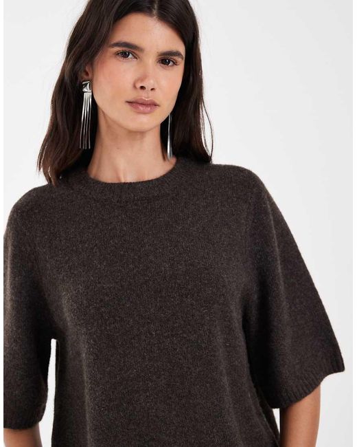 Vero Moda Brown Boxy Fit Soft Knitted Short Sleeve Top