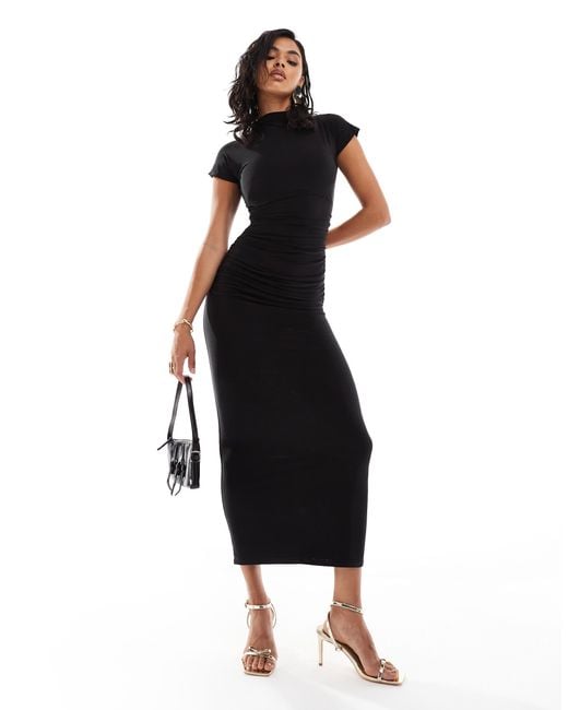 Kaiia Black Exclusive Double Layered Slinky High Neck Cap Sleeve Bodycon Maxi Dress