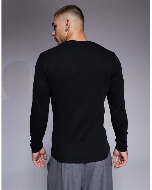 ASOS Black Muscle Fit Long Sleeve T-shirt With Henley Neck for men
