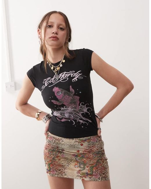 Ed Hardy Black Koi Fish Diamante Cap Sleeve T-shirt
