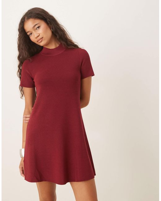 Mango Knit High Neck Short Sleeve Mini Dress in Red | Lyst