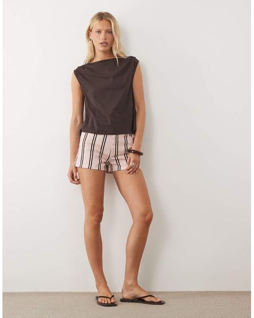 ASOS Brown Boat Neck Top With Ruched Shoulder Details
