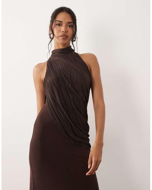 ASOS Natural Plisse Contrast Draped Halter Neck Maxi Dress