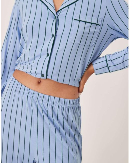 ASOS Blue Super Soft Long Sleeve Shirt & Trouser Pyjama Set With Contrast Piping