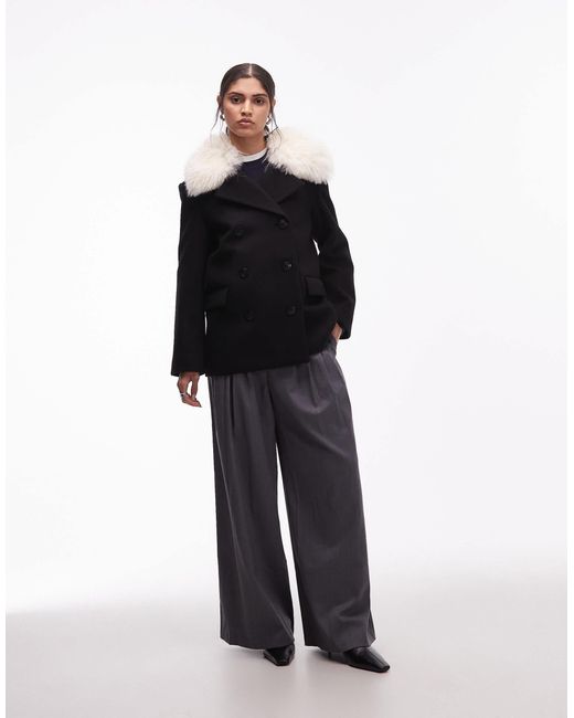 & Other Stories Black Wool Short Double Breasted Coat With Flap Welt Pockets And Faux Fur Collar