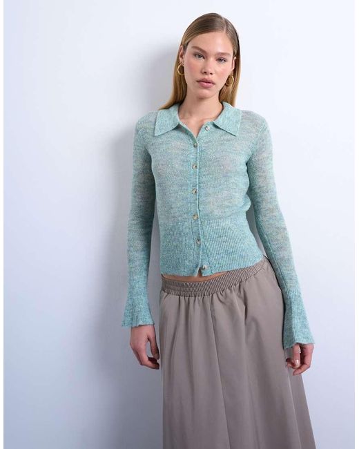 TOPSHOP Blue Knitted Sheer Collared Cardigan