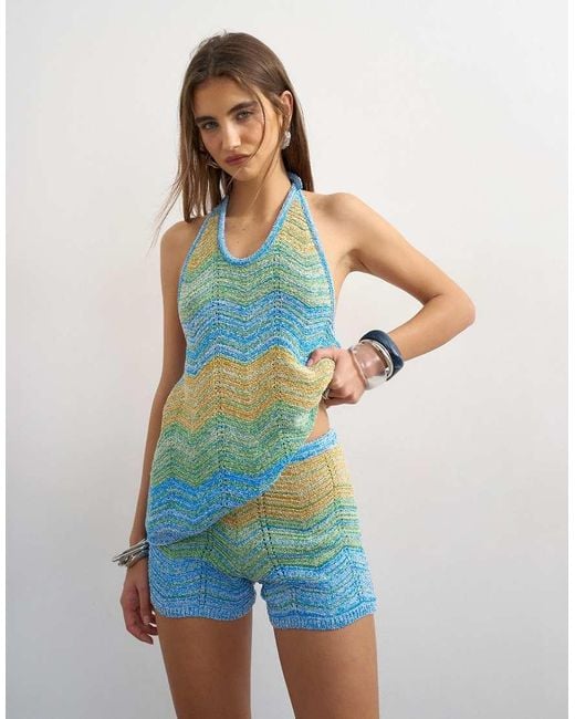 TOPSHOP Blue Knitted Stripe Shorts Co-ord