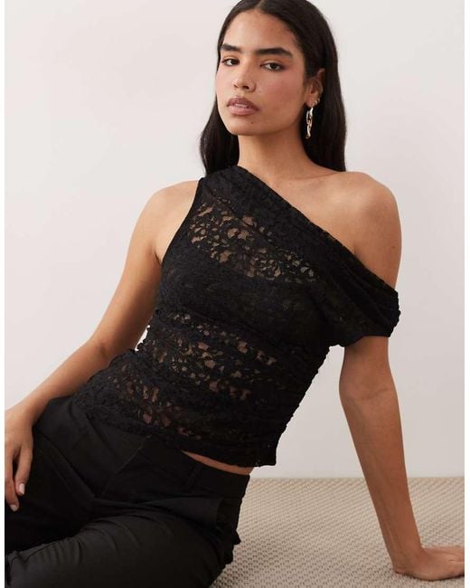 ASOS Black Sheer Lace Ruched Asym Top