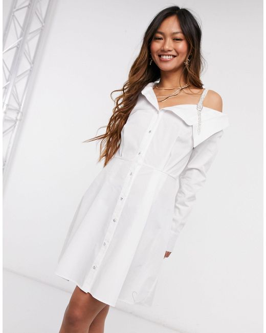 River Island Diamante One-shoulder Mini Shirt Dress in White | Lyst