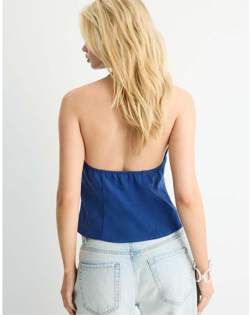 Stradivarius Blue Qipao Halter Neck Button Top