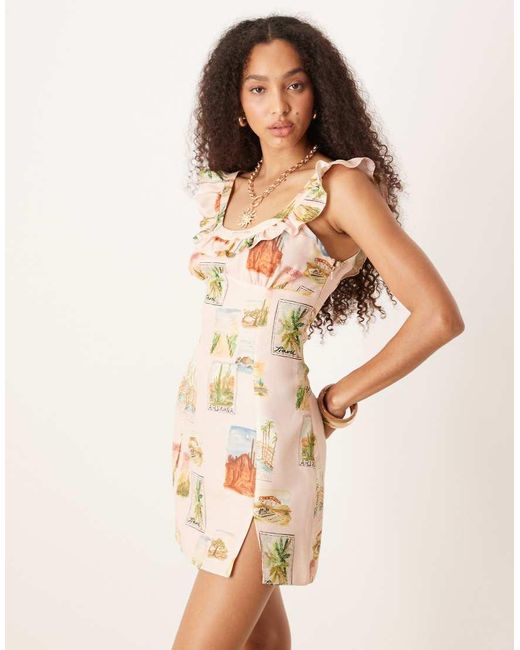 Vestito Corto Con Scollo Quadrato E Volant Con Stampa di ASOS in Natural