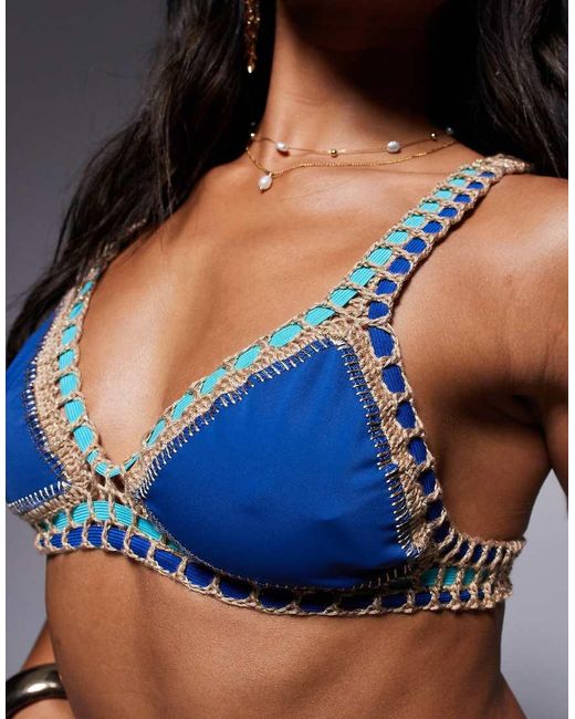 Moda Minx Blue Crochet Trim Bikini Top