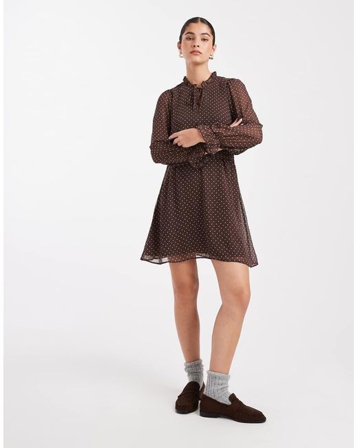 New Look Brown Polka Dot Chiffon Cinched Waist Mini Dress