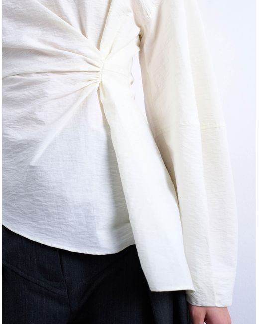 TOPSHOP White Long Sleeve Pleat Front Top