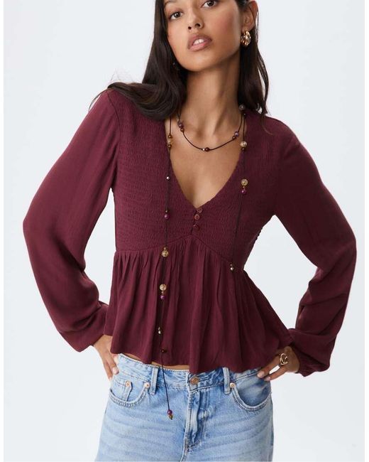 Stradivarius Red Loose-Fitting Long Sleeve Blouse