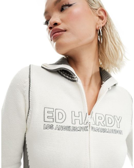 Ed Hardy White – strickpullover im 2000er-stil mit reißverschluss vorne, prägung und totenkopf auf rücken