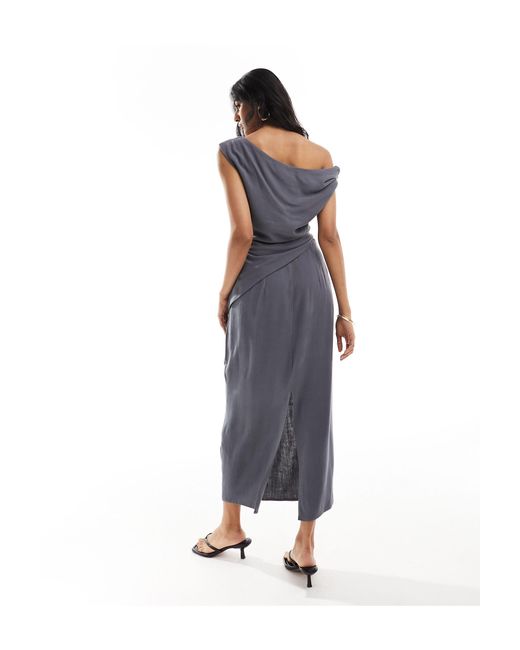 ASOS Blue Fallen Shoulder Linen Look Midi Dress With Pleat Waist