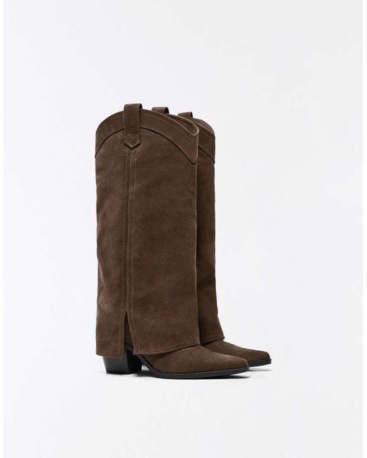 Bershka Brown Cowboy Trouser Boots