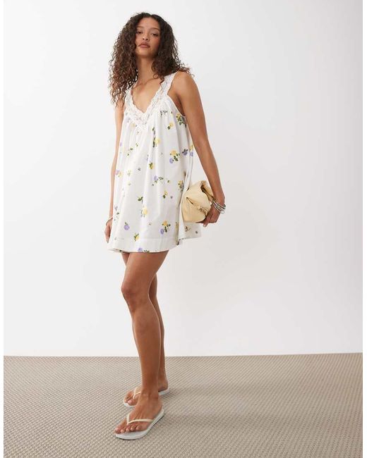 ASOS White V Neck Smock Poplin Mini Sundress With Lace Overlay
